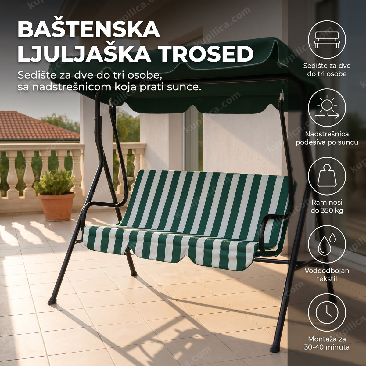 Zelena baštenska ljuljaška trosed sa nadstrešnicom na terasi