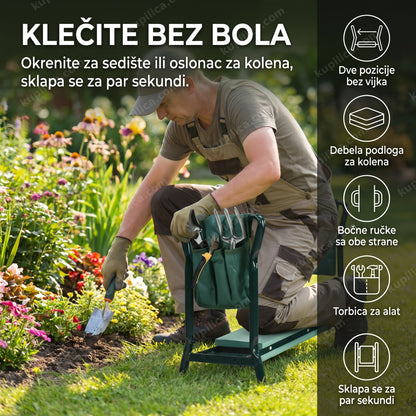 baštenska stolica za klečanje pored leje sa torbom za alat okačenom sa strane, benefiti proizvoda