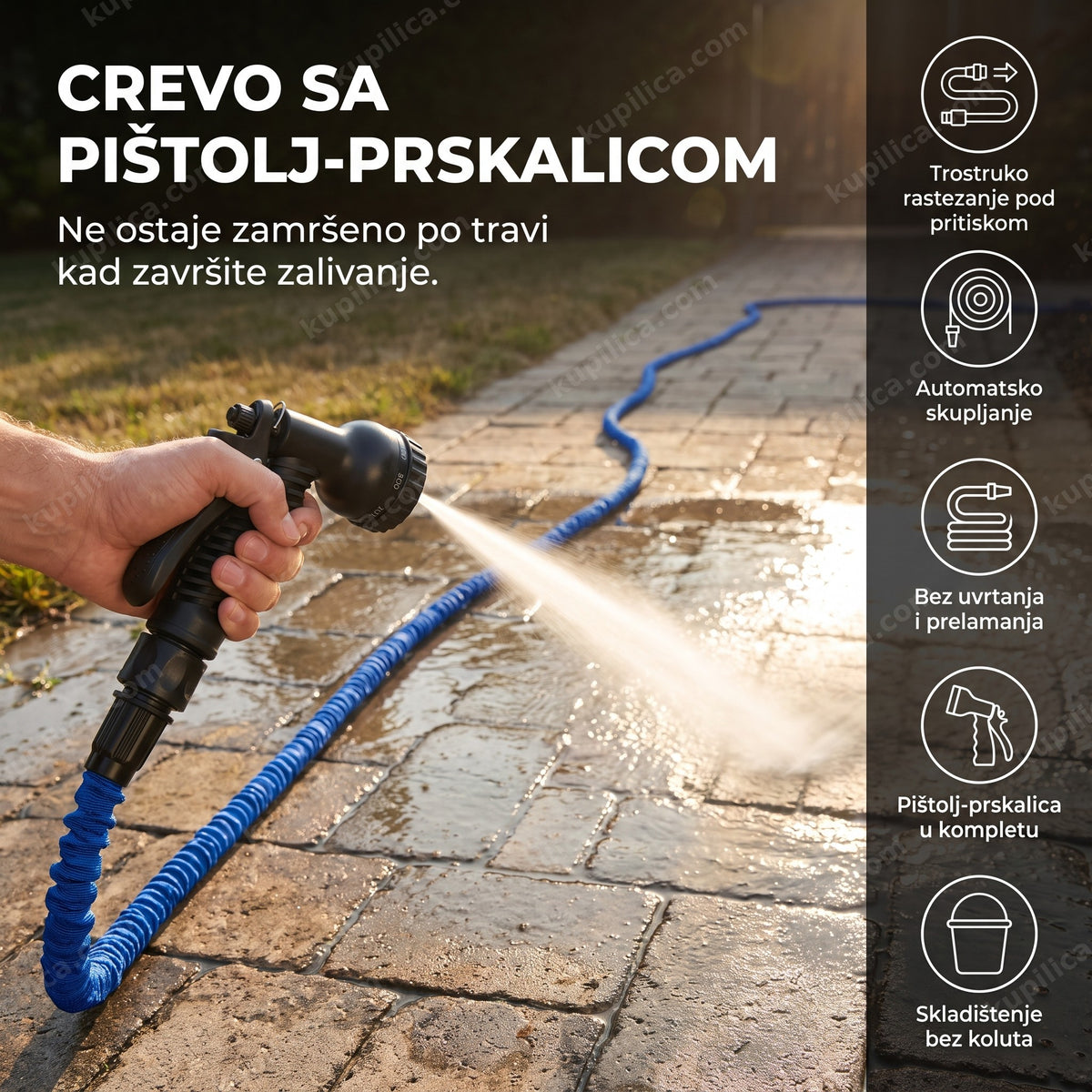 Plavo baštensko crevo sa pištolj prskalicom pere terasu popodne