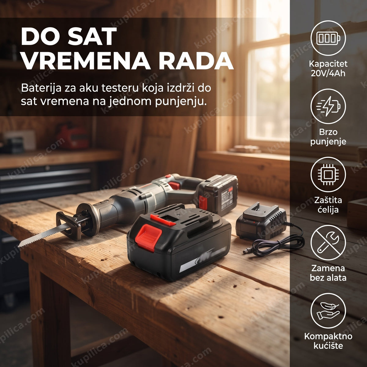 baterija za aku testeru 20v 4ah na radnom stolu u garaži sa prikazom benefita proizvoda