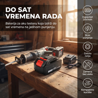 baterija za aku testeru 20v 4ah na radnom stolu u garaži sa prikazom benefita proizvoda