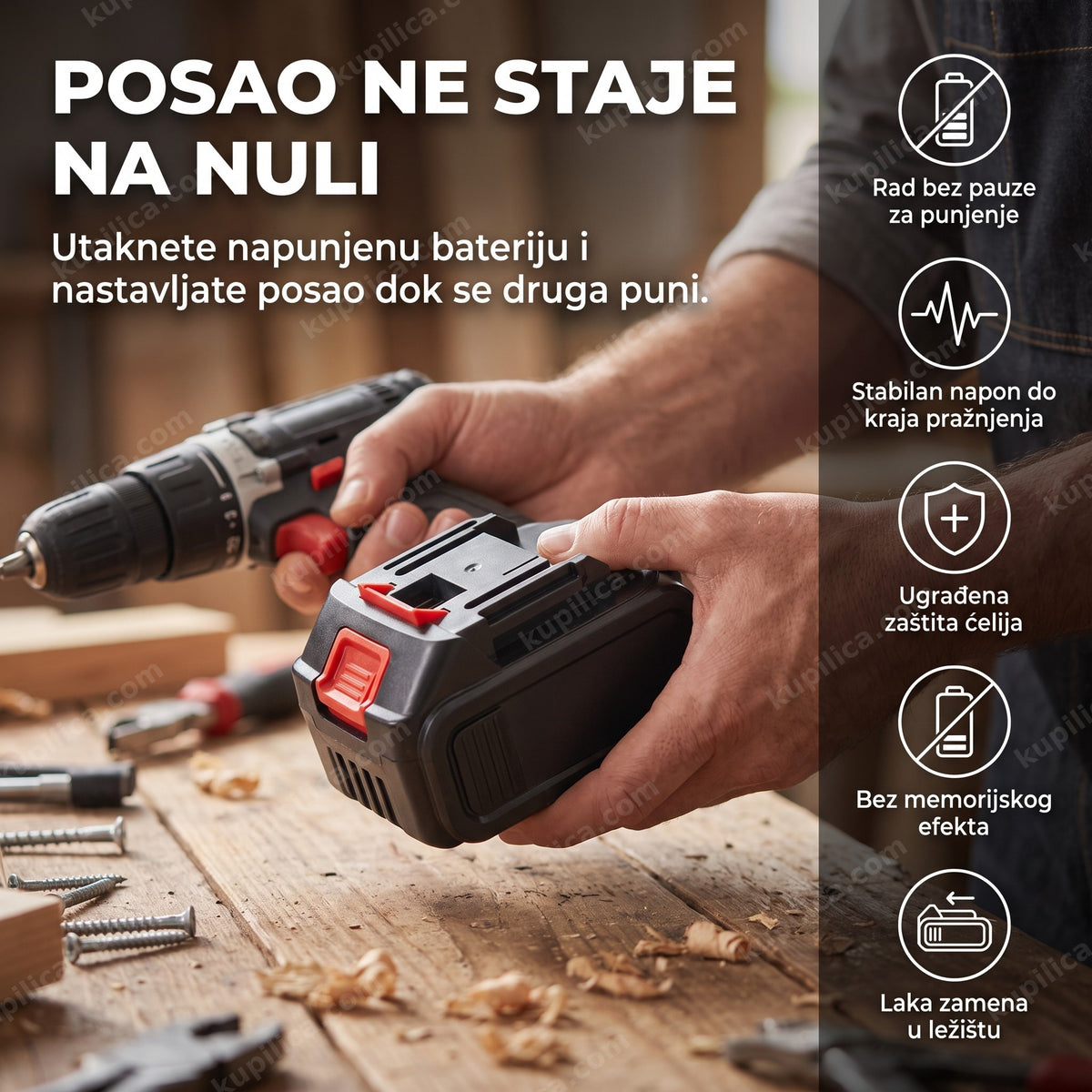 rezervna baterija za set alata 20v u radionici pri zameni u bušilici, benefiti proizvoda