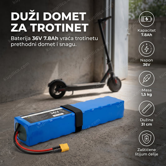 baterija za električni trotinet u prvom planu, trotinet naslonjen u hodniku, benefiti proizvoda