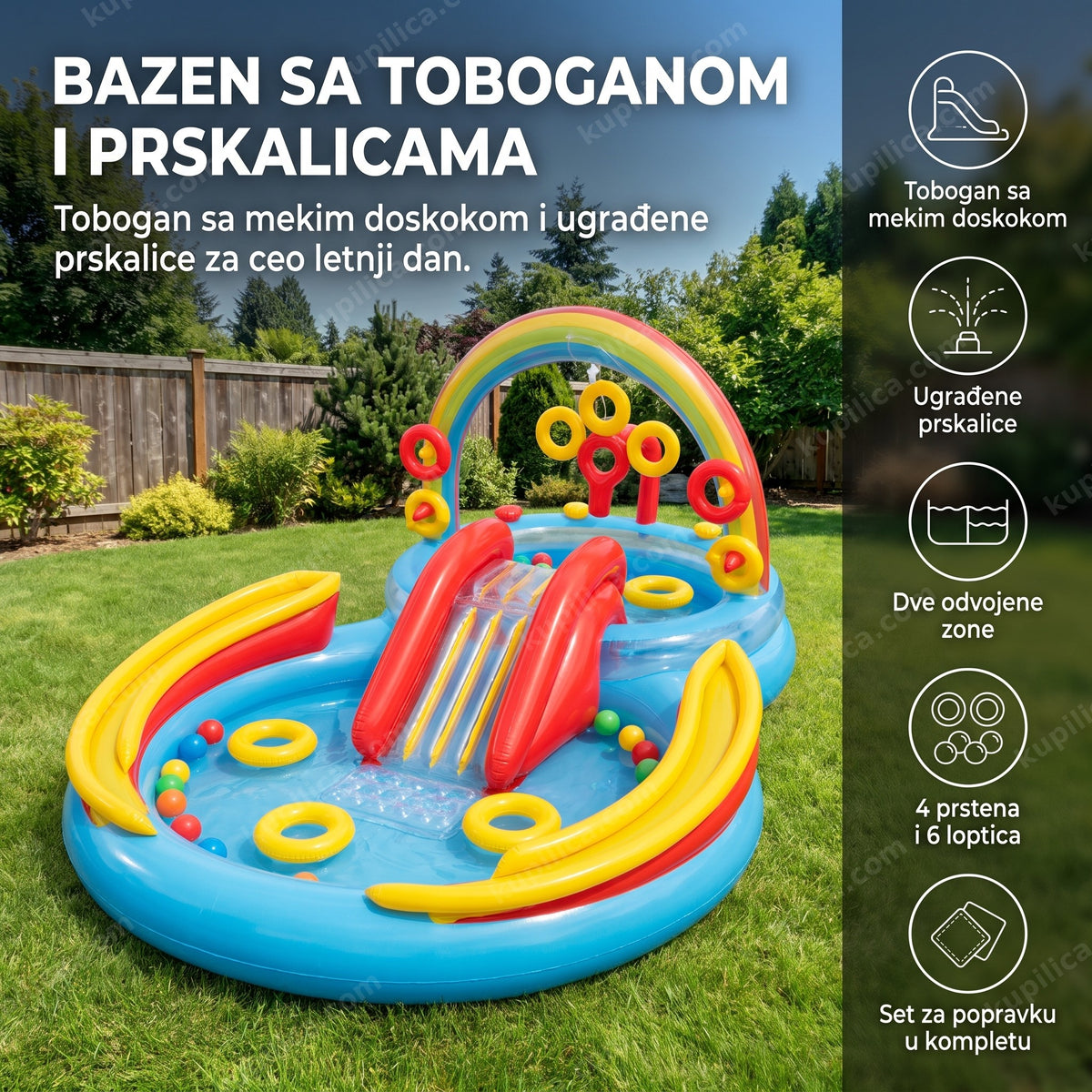 Plavo-crveno-žuti bazen sa toboganom i prskalicama u dvorištu popodne