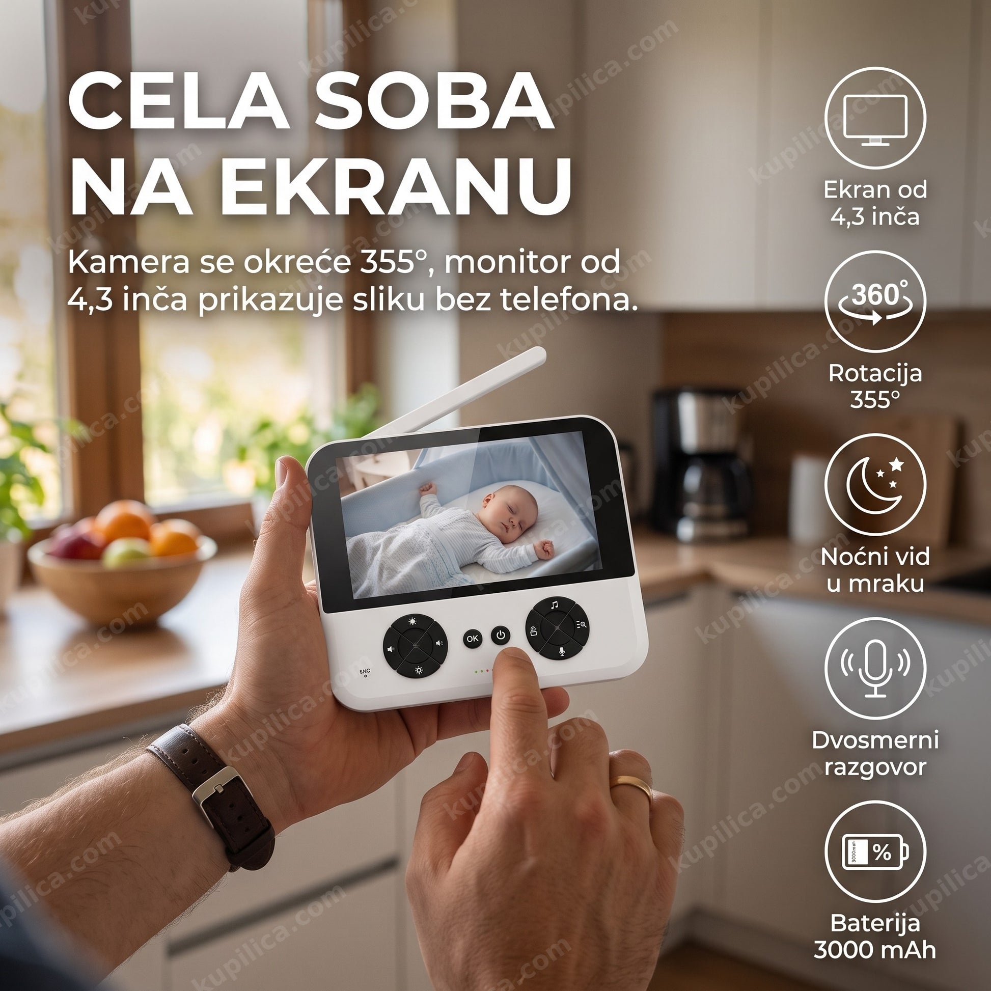 bebi alarm sa kamerom — roditelj u kuhinji gleda bebu na ekranu monitora, benefiti proizvoda