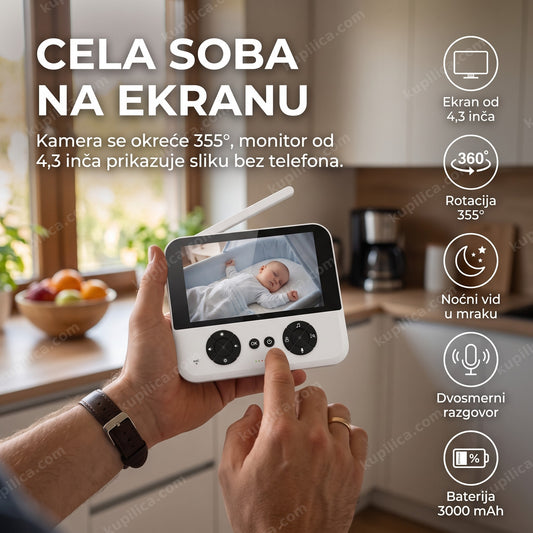 bebi alarm sa kamerom — roditelj u kuhinji gleda bebu na ekranu monitora, benefiti proizvoda