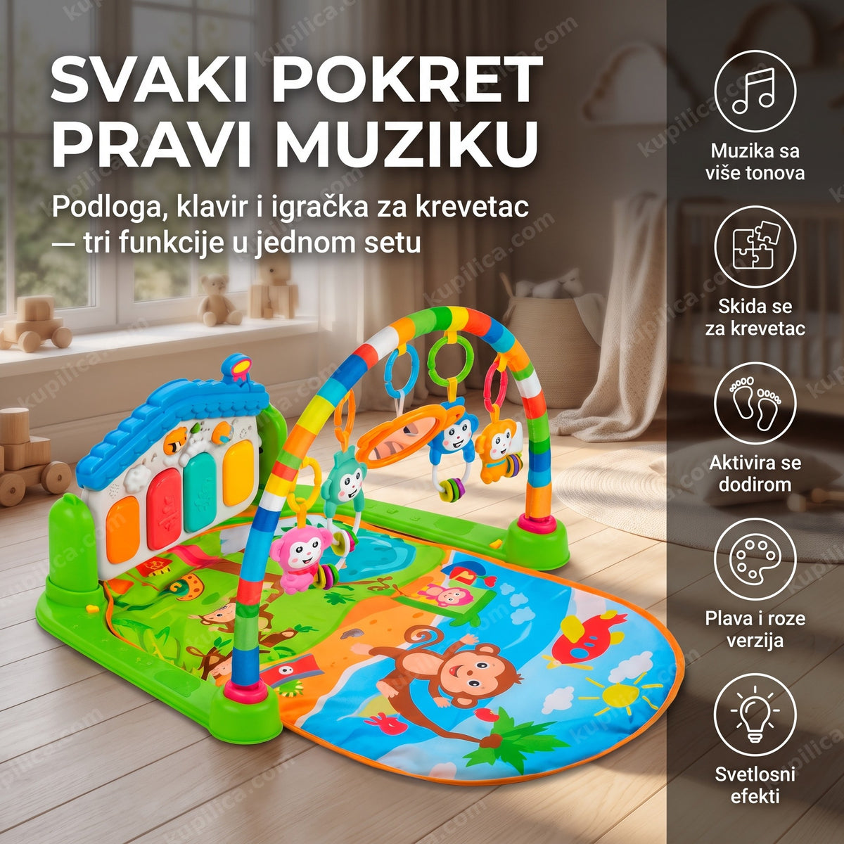 Bebi gimnastika sa klavirom — prostirka za igru sa lukom i privescima