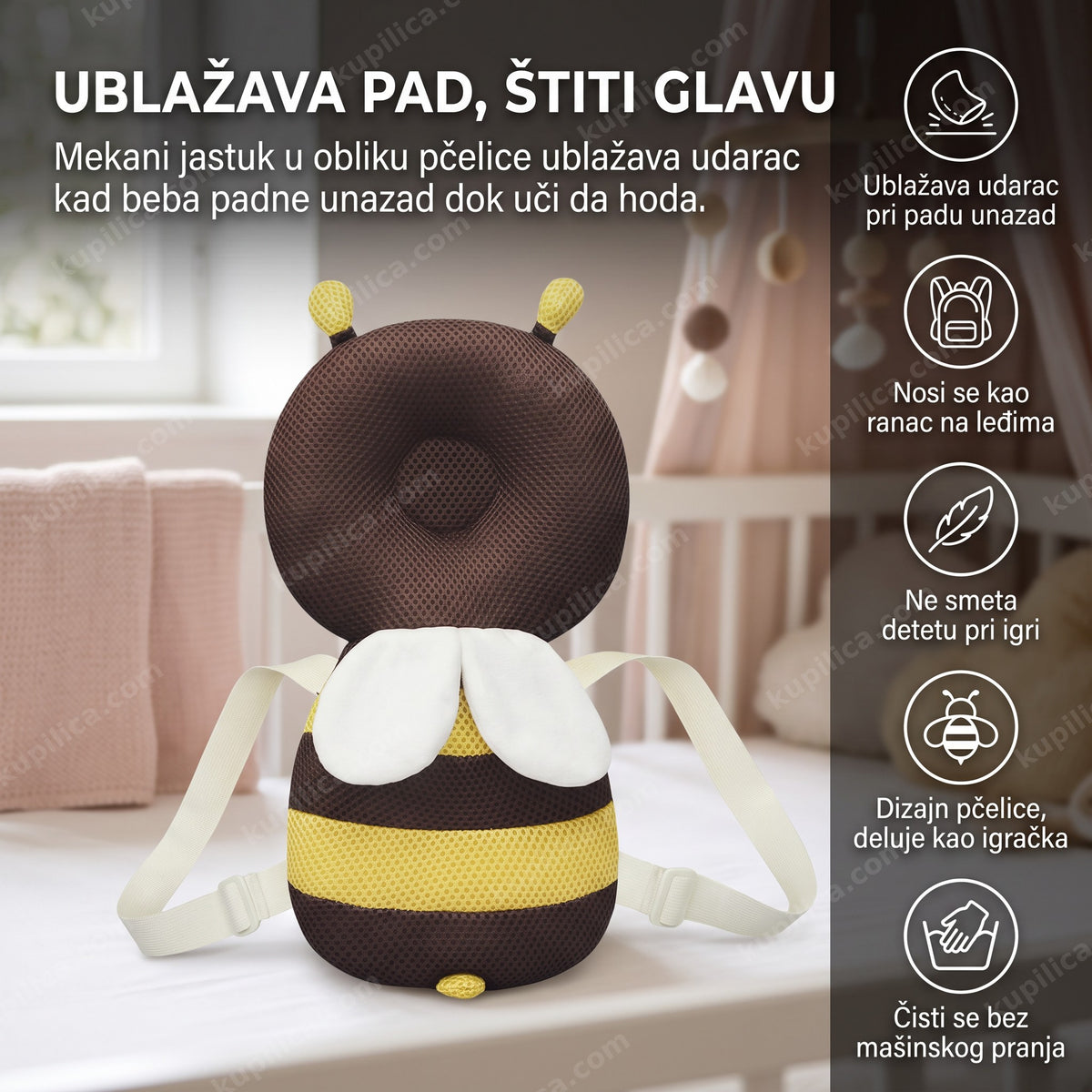 bebi jastuk za zaštitu od padova pčelica postavljen na krevetu u dečjoj sobi, benefiti proizvoda