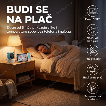 bebi kamera sa ekranom 5 inča — monitor na noćnom stočiću pored kreveta roditelja, benefiti proizvoda
