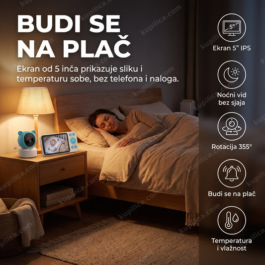 bebi kamera sa ekranom 5 inča — monitor na noćnom stočiću pored kreveta roditelja, benefiti proizvoda