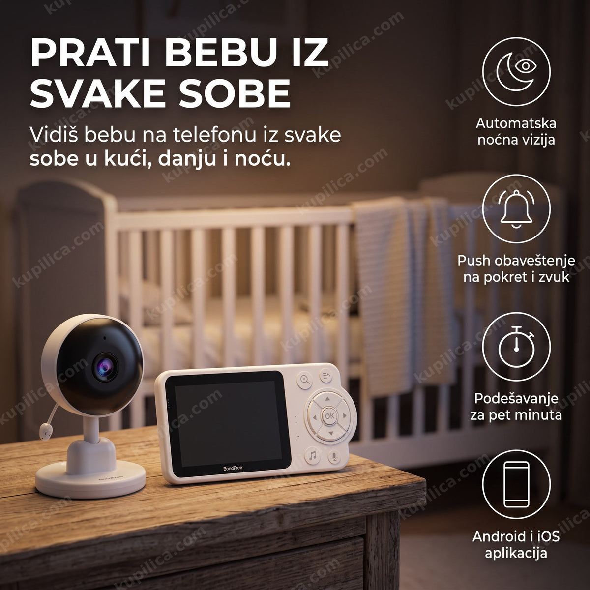 wifi bebi monitor na stočiću pored praznog kreveca, benefiti proizvoda
