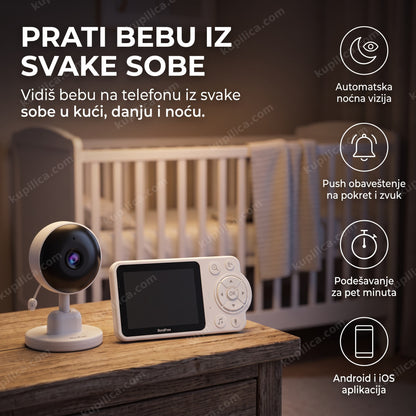 wifi bebi monitor na stočiću pored praznog kreveca, benefiti proizvoda