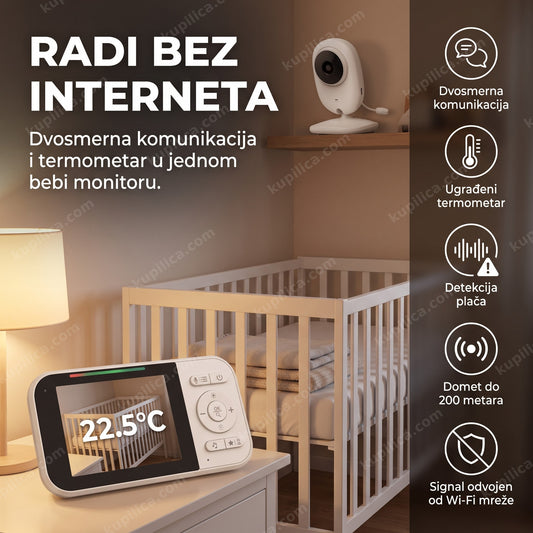 Bebi monitor sa praznim krevetcem i temperaturom na ekranu, benefiti proizvoda