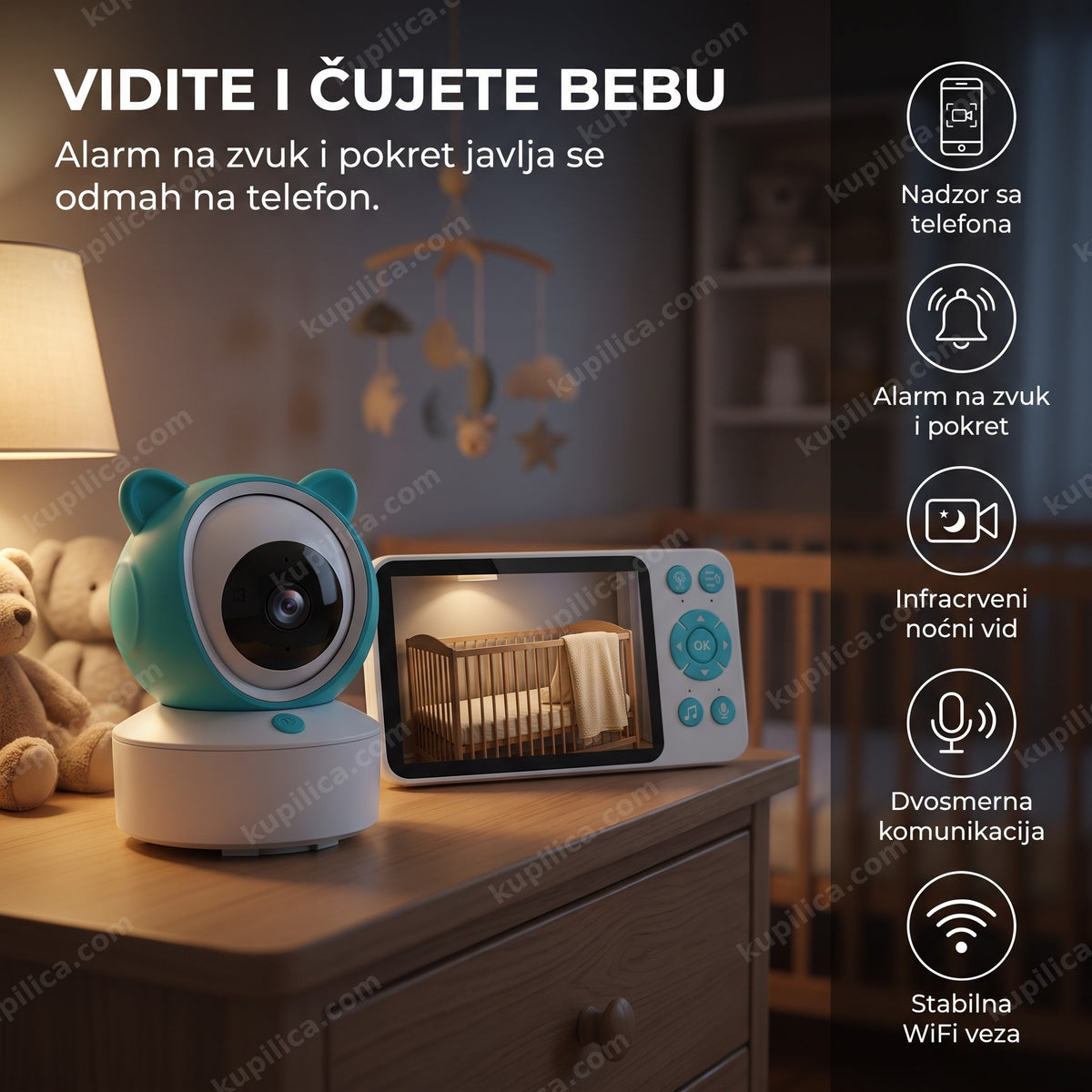 bebi monitor sa wifi kamerom u dečijoj sobi sa praznim krevetcem, benefiti proizvoda
