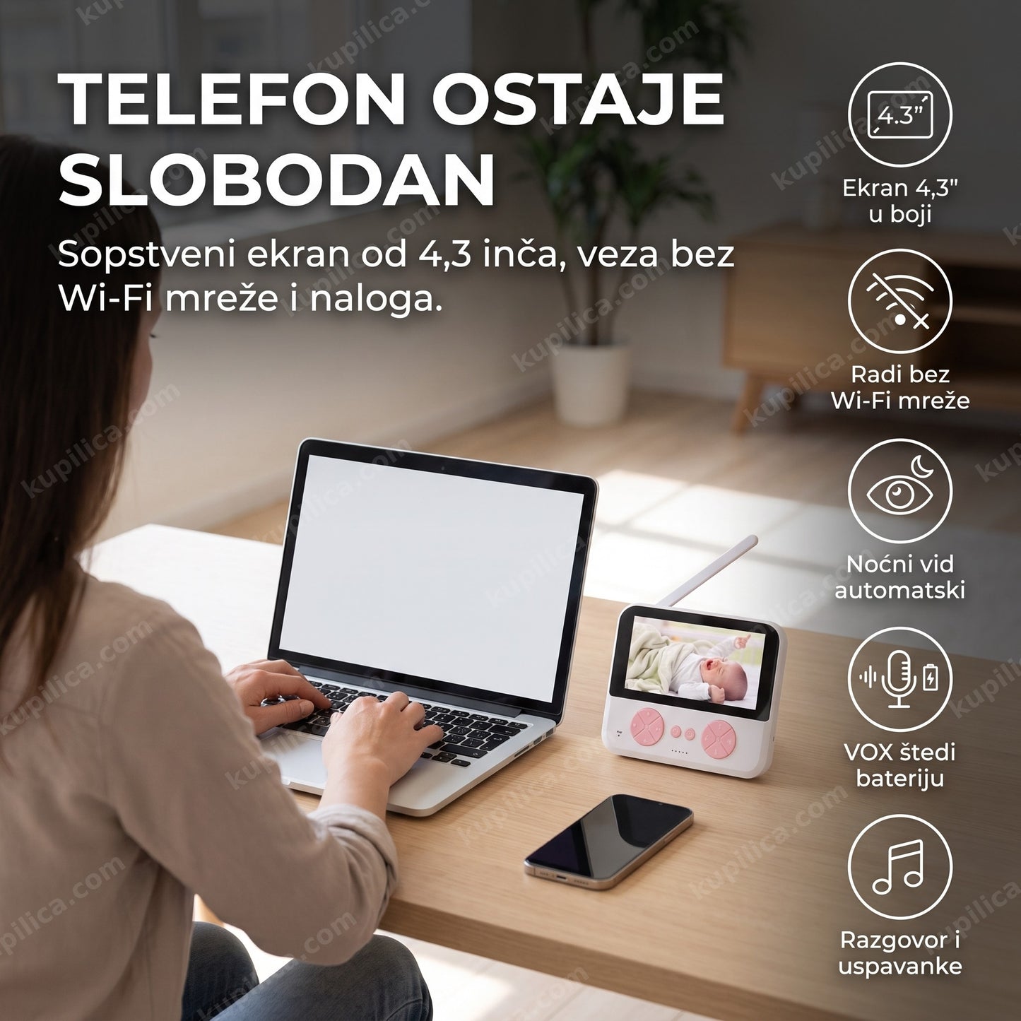 bebi monitor sa ekranom 4,3 inča — roditelj radi za stolom dok monitor prikazuje bebu, benefiti proizvoda