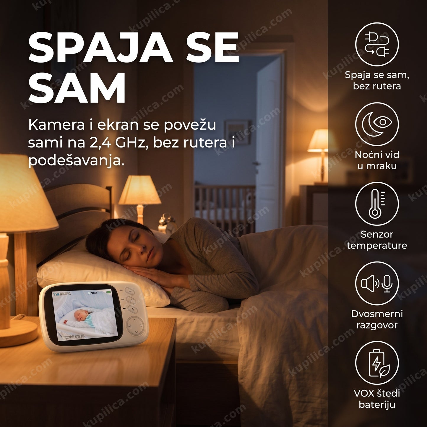 bebi monitor sa senzorom temperature — ekran na noćnom stočiću pored kreveta, benefiti proizvoda