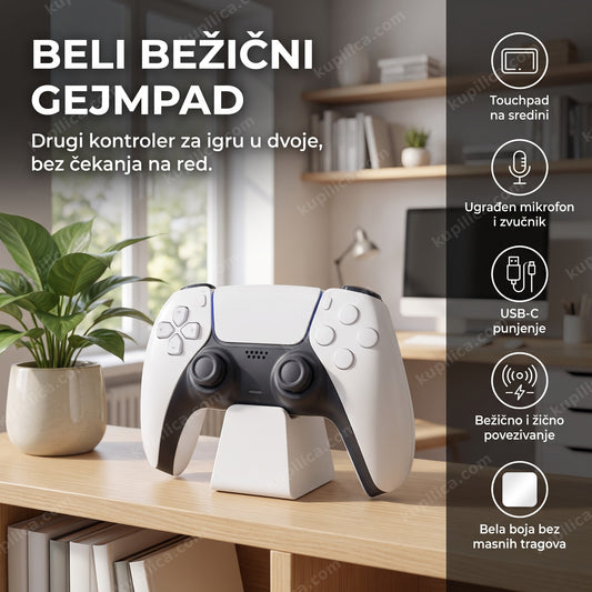 Beli bežični kontroler za ps5 na stalku pored biljke u sobi