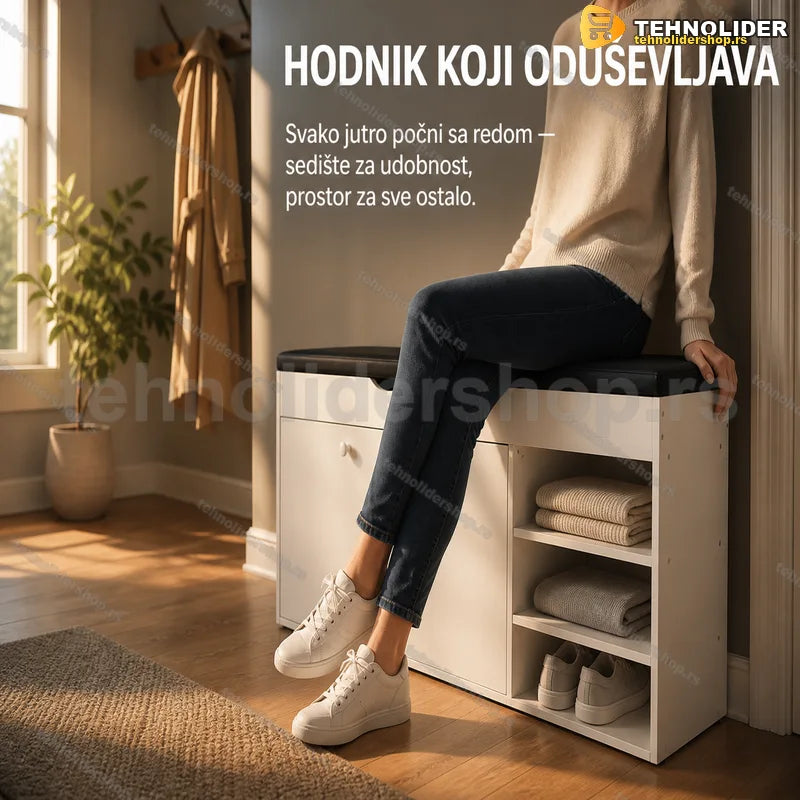 beli cipelarnik sa sedištem u hodniku, pogled spreda