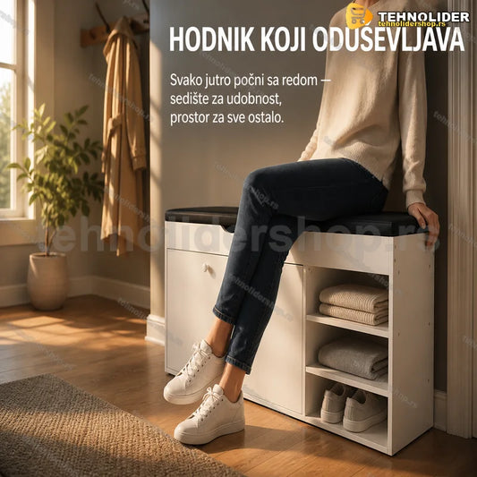 beli cipelarnik sa sedištem u hodniku, pogled spreda