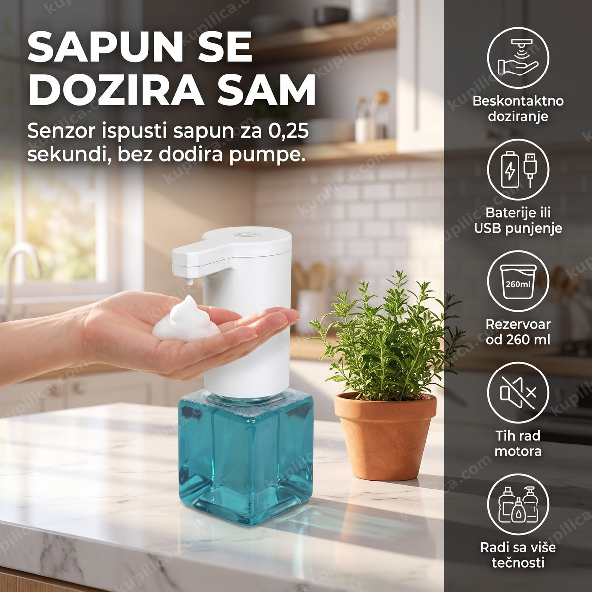 beskontaktni dozator sapuna — pena na ruci ispod dozatora na kuhinjskom pultu uz biljku, benefiti proizvoda