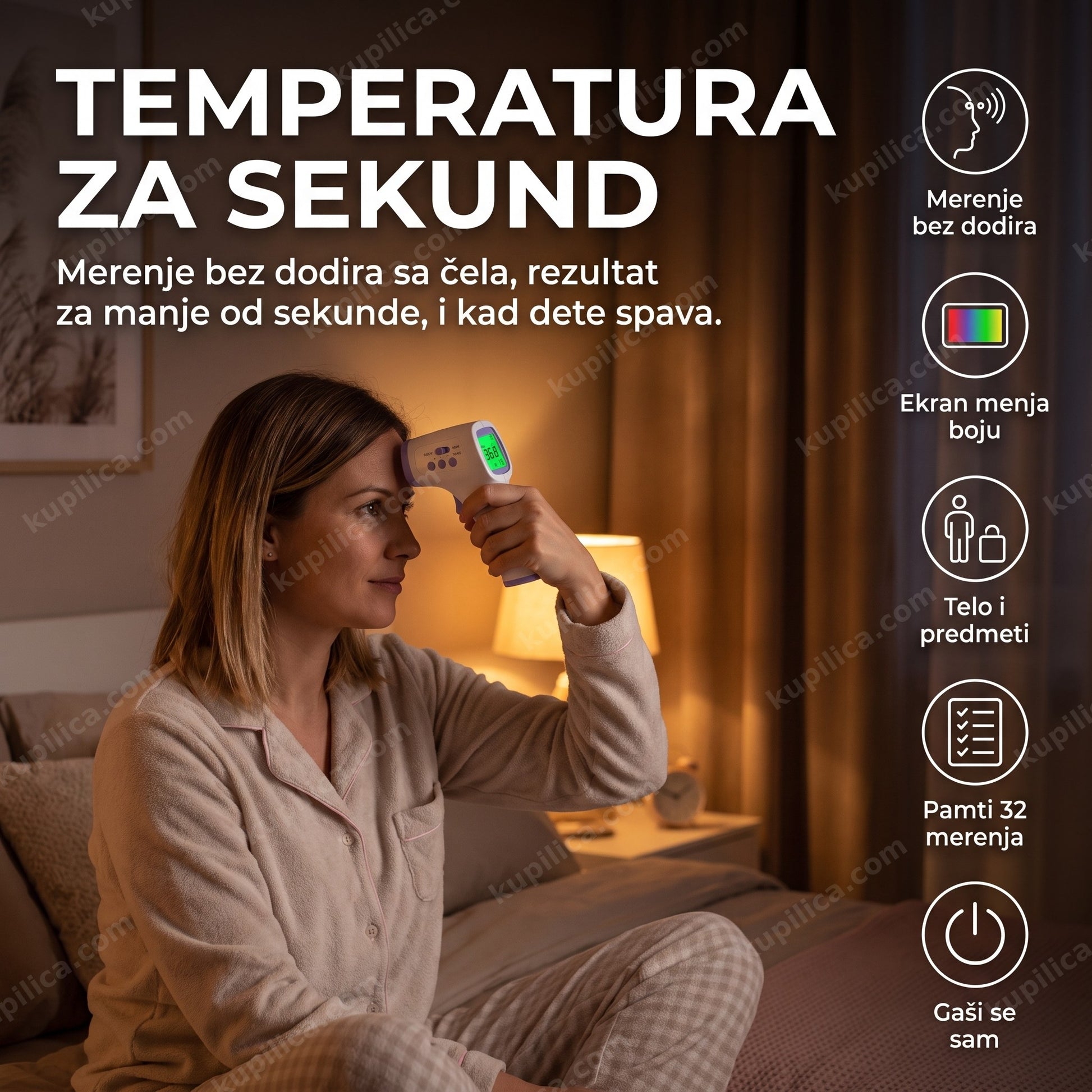 beskontaktni toplomer za decu — roditelj meri temperaturu detetu dok spava, benefiti proizvoda