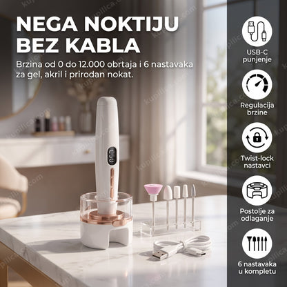 bežična brusilica za nokte na postolju sa nastavcima poređanim na manikir stolu, benefiti proizvoda