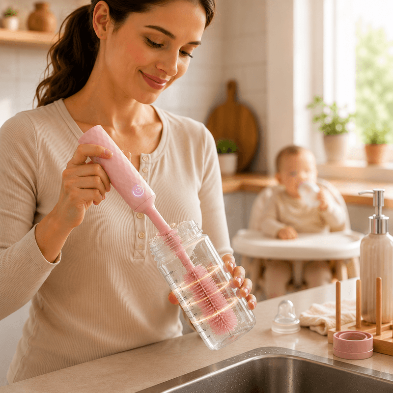 bežična četka za flašice — žena pere flašicu roze četkom dok beba sedi u stolici