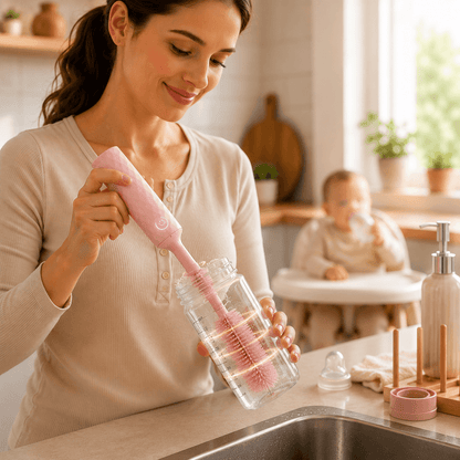 bežična četka za flašice — žena pere flašicu roze četkom dok beba sedi u stolici
