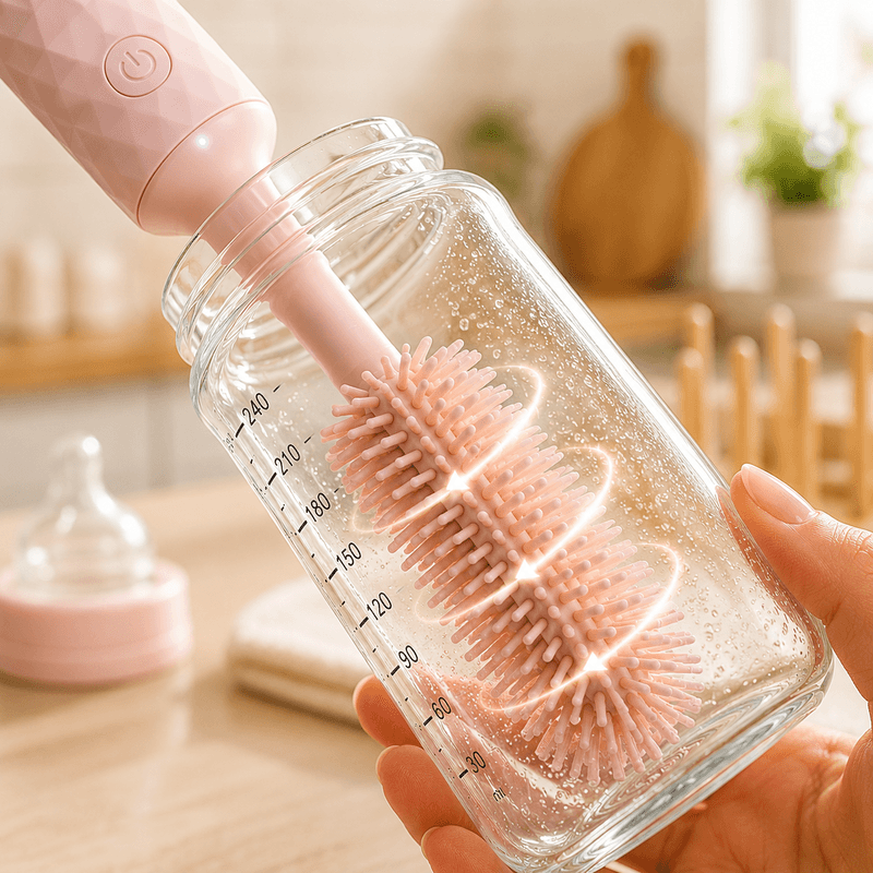 roze četka za flašice sa četkicama umetnuta u flašicu sa merama u mililitrima