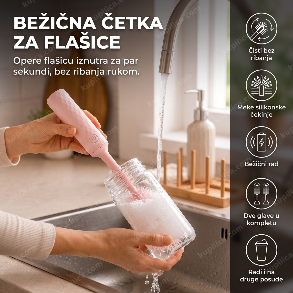 Bežična četka za flašice pere staklenu flašicu u sudoperi uz penu, benefiti proizvoda