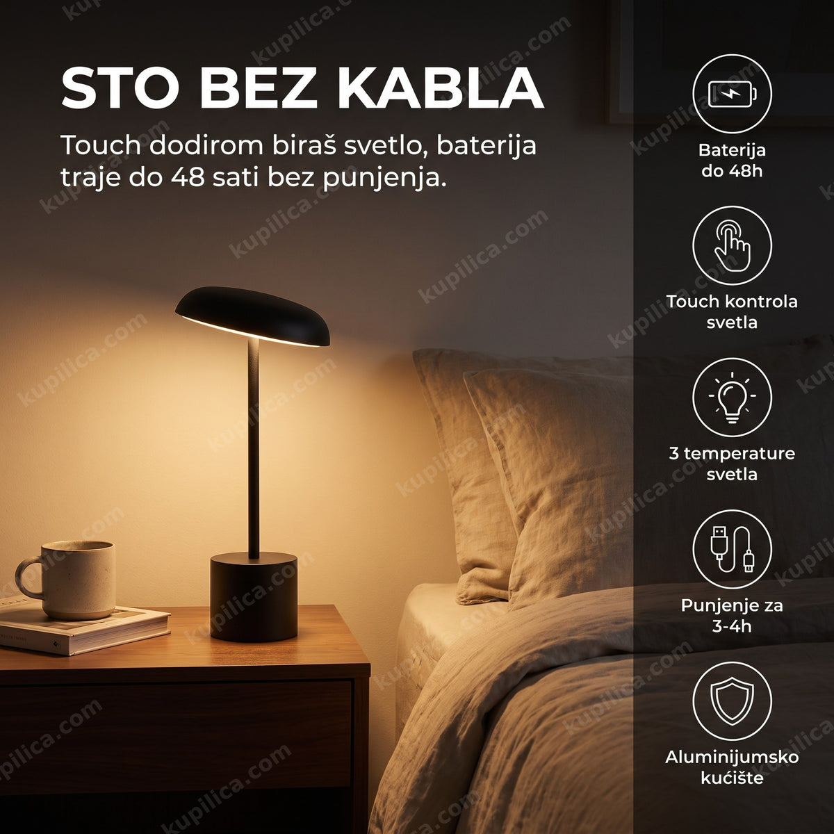 Crna bežična LED stona lampa na noćnom stočiću uveče, prikaz benefiti proizvoda