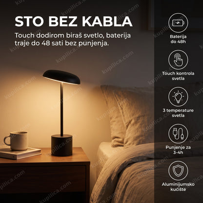 Crna bežična LED stona lampa na noćnom stočiću uveče, prikaz benefiti proizvoda