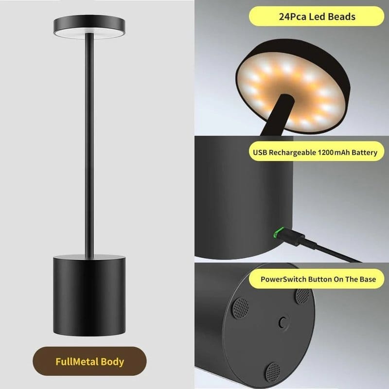 crna led lampa sa uveličanim prikazom led panela, usb punjenja i dugmeta na bazi