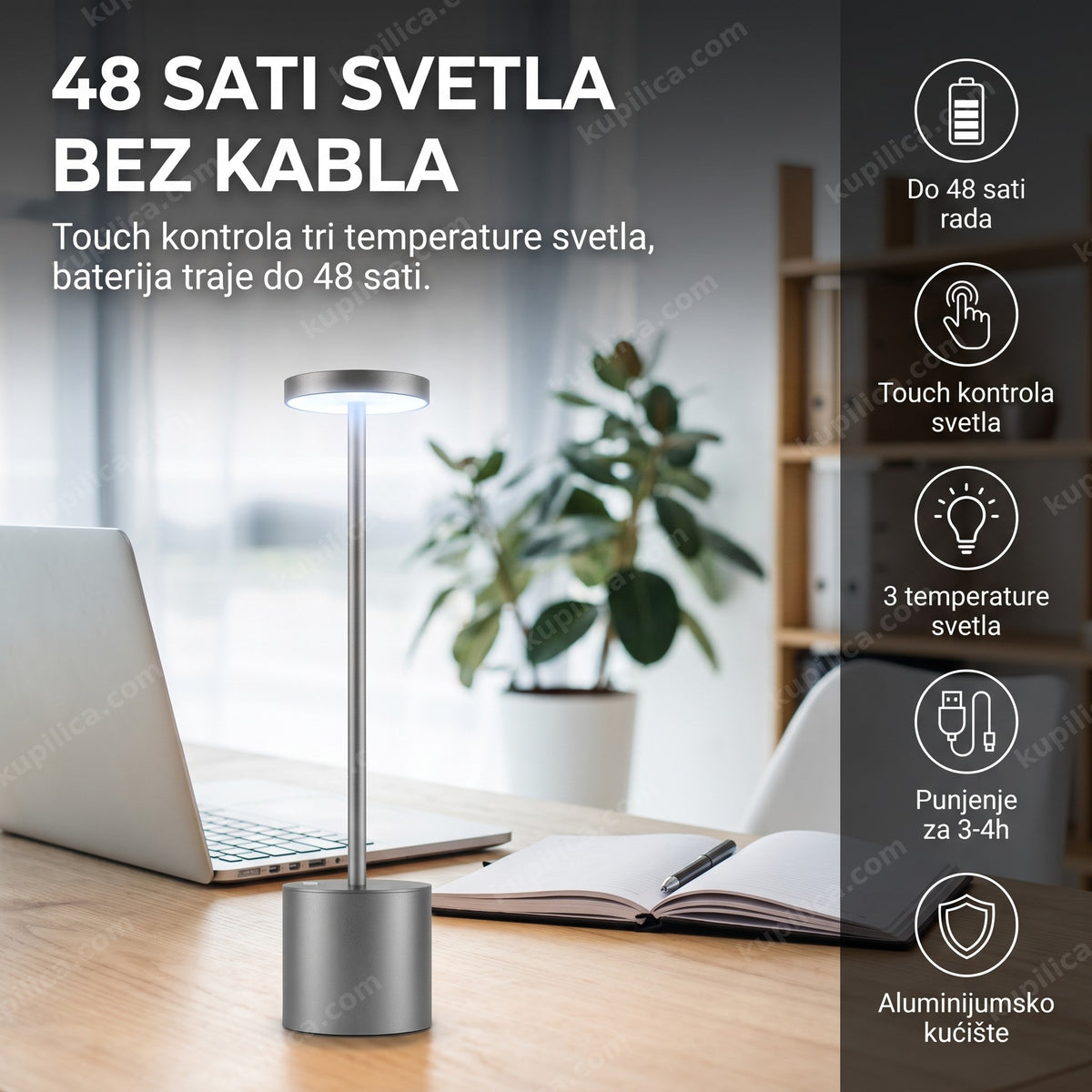 Siva bežična LED stona lampa na kancelarijskom stolu danju, prikaz benefiti proizvoda
