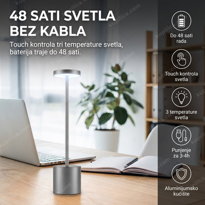 Siva bežična LED stona lampa na kancelarijskom stolu danju, prikaz benefiti proizvoda