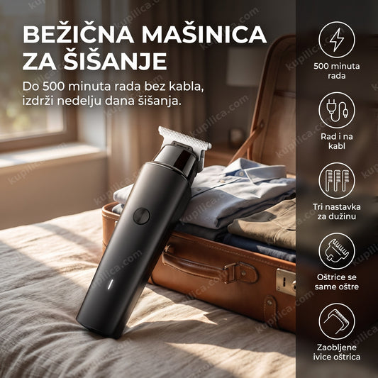 Bežična mašinica za šišanje sa 500 minuta autonomije pored kofera na putovanju
