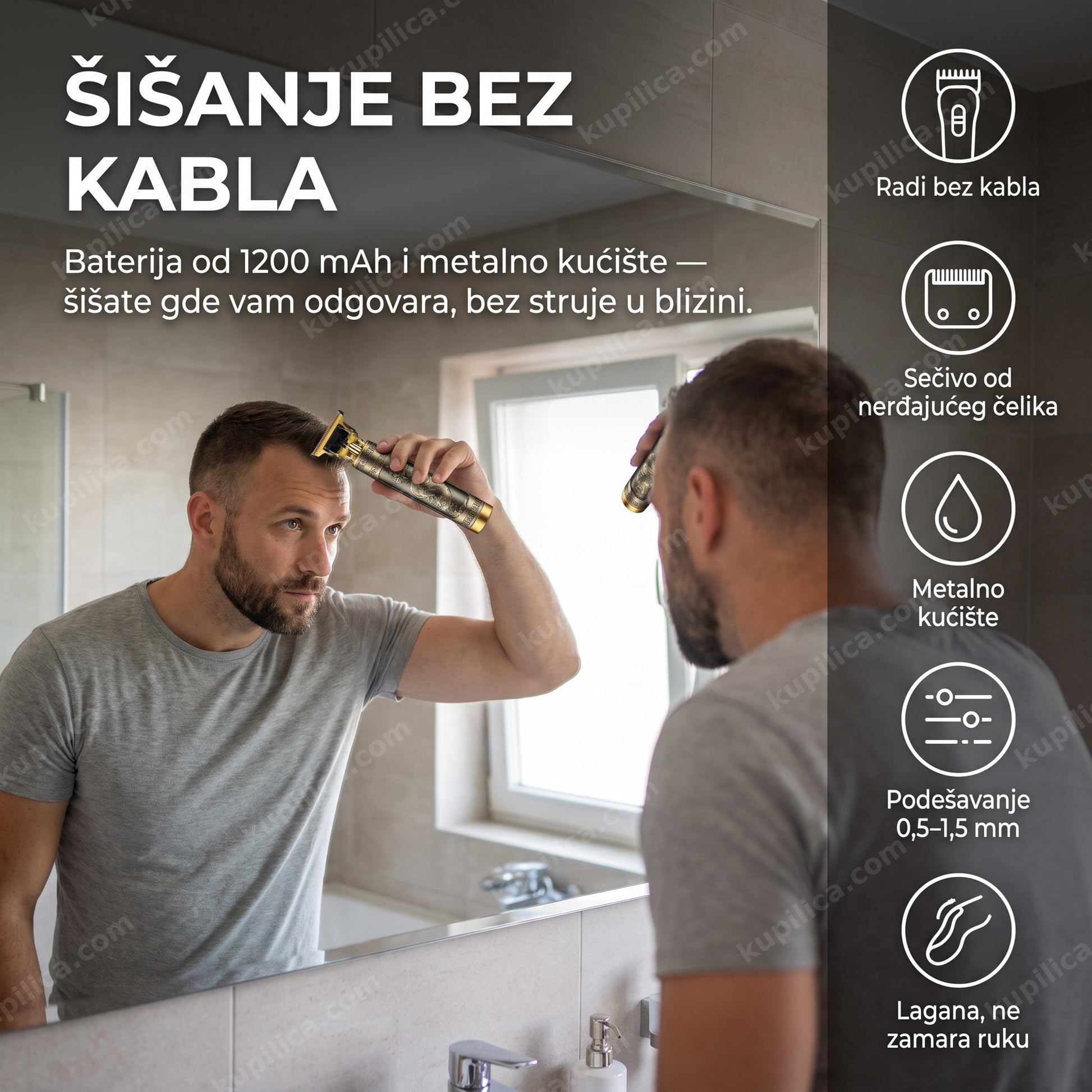 bežična mašinica za šišanje — muškarac se šiša sam pred ogledalom, benefiti proizvoda