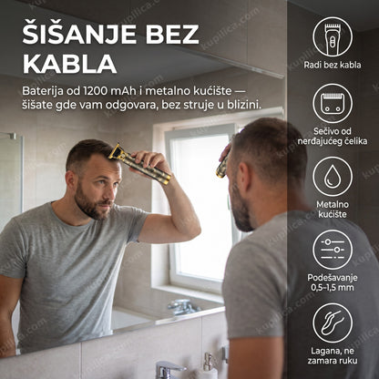 bežična mašinica za šišanje — muškarac se šiša sam pred ogledalom, benefiti proizvoda