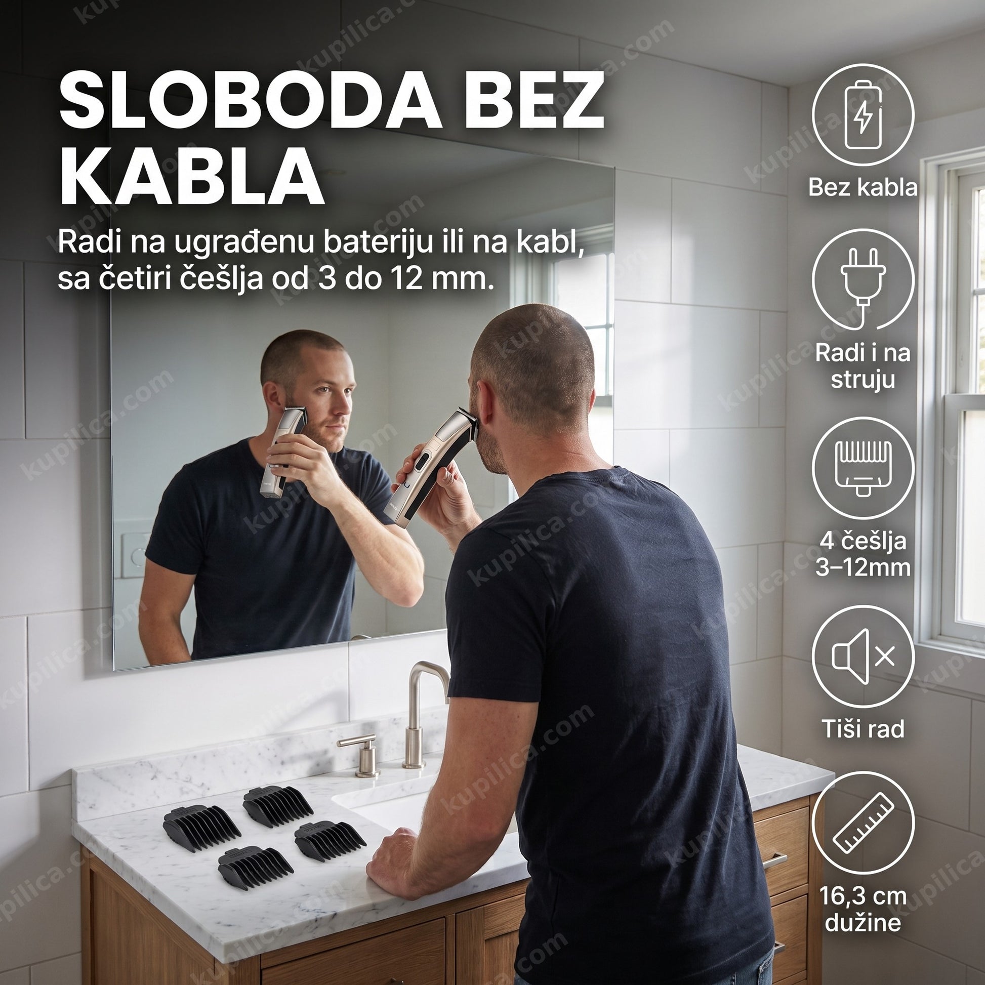 bežična mašinica za šišanje — muškarac šiša kosu kod kuće, četiri češlja od 3 do 12 mm, radi i na struju