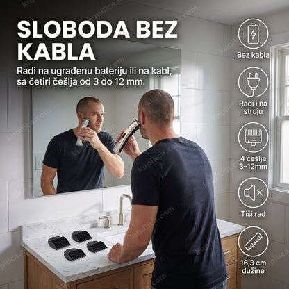 bežična mašinica za šišanje — muškarac šiša kosu kod kuće, četiri češlja od 3 do 12 mm, radi i na struju