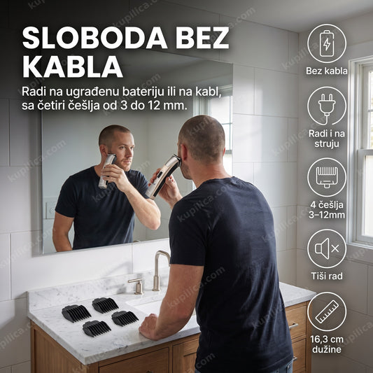 bežična mašinica za šišanje — muškarac šiša kosu kod kuće, četiri češlja od 3 do 12 mm, radi i na struju