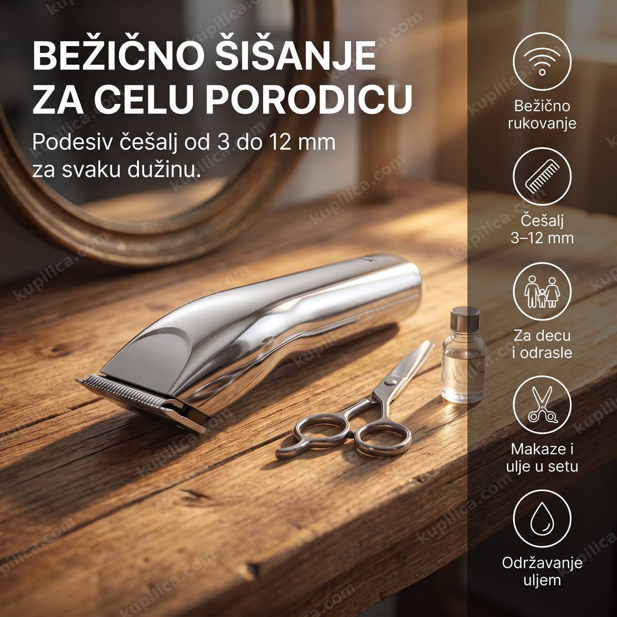 srebrna bežična mašinica za šišanje sa podesivim češljem na drvenom pultu berbernice