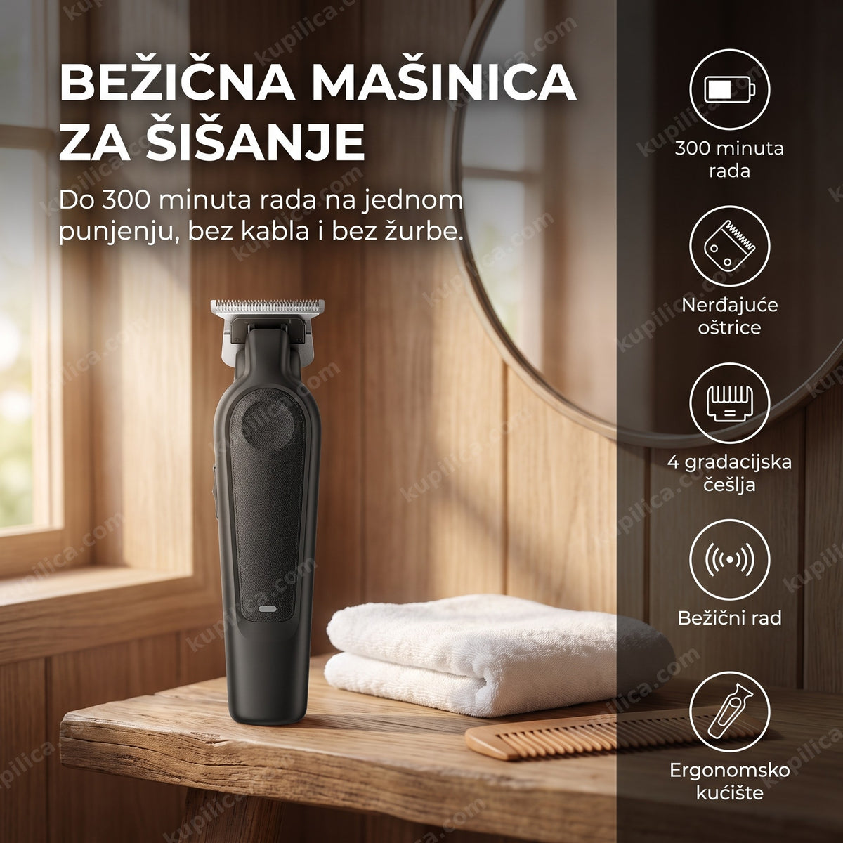 Crna bežična mašinica za šišanje na kupatilskoj polici, prikaz benefita proizvoda