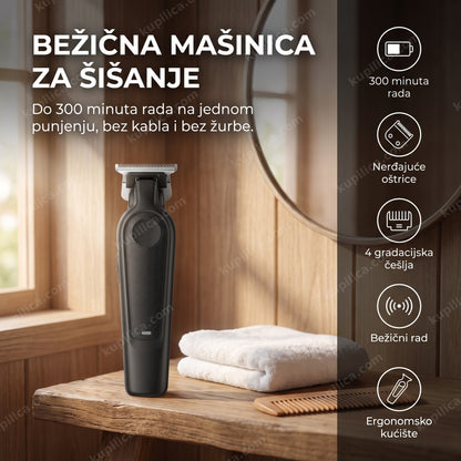 Crna bežična mašinica za šišanje na kupatilskoj polici, prikaz benefita proizvoda