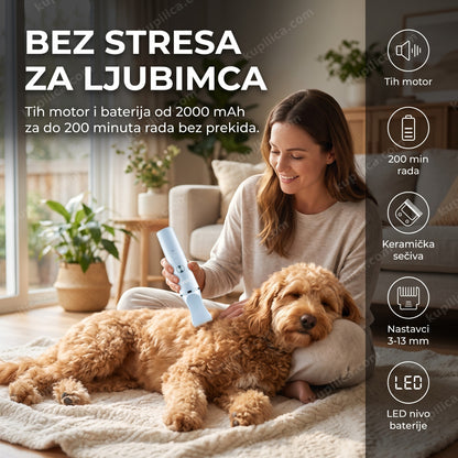 bežična mašinica za šišanje pasa i mačaka — vlasnik tiho šiša psa u dnevnoj sobi, baterija traje do 200 minuta