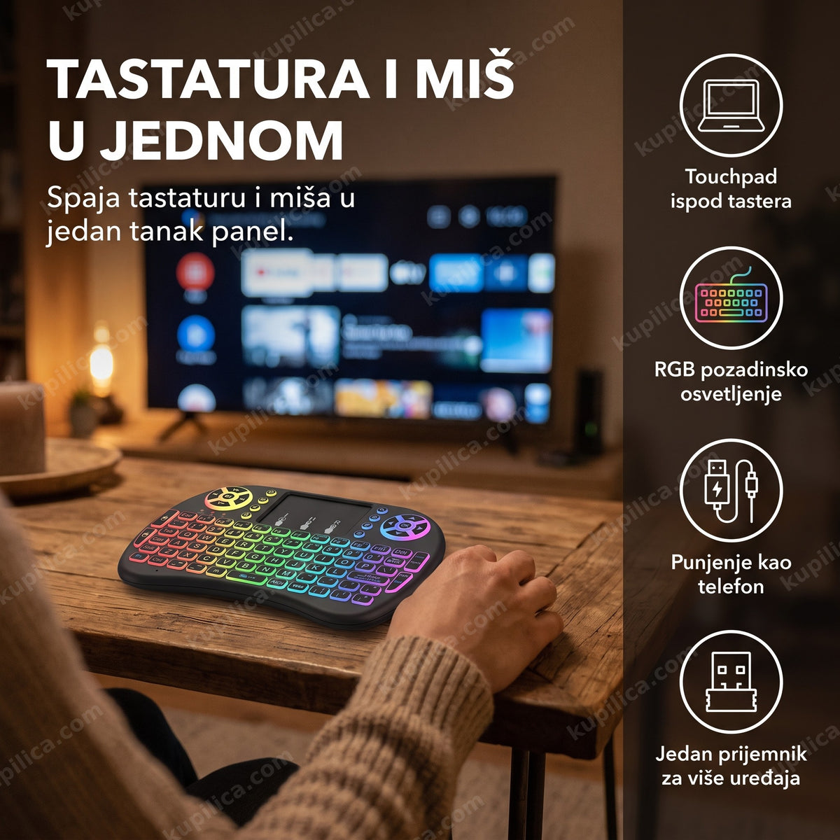bežična mini tastatura sa RGB osvetljenjem ispred televizora, benefiti proizvoda