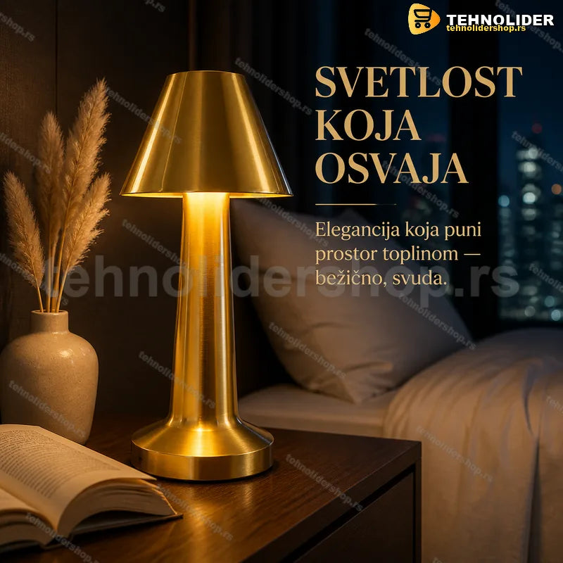 Bežična stona lampa na dodir zlatna sa konusnim abažurom na stočiću