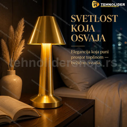 Bežična stona lampa na dodir zlatna sa konusnim abažurom na stočiću