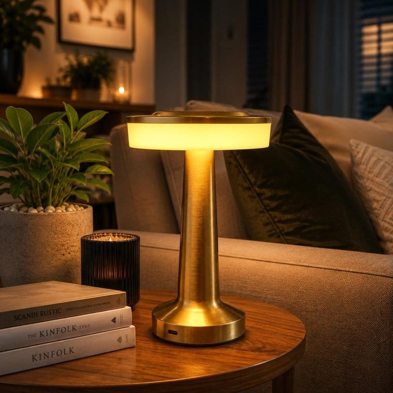 Dodirni prekidač na telu zlatne stone lampe izbliza