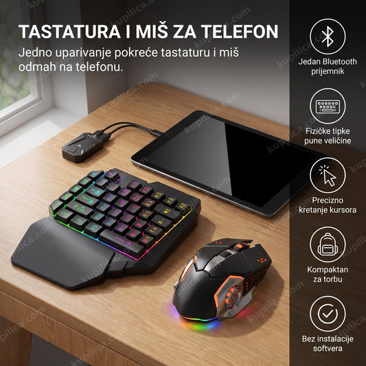Bežična tastatura, miš i Bluetooth prijemnik na radnom stolu, prikaz benefita proizvoda